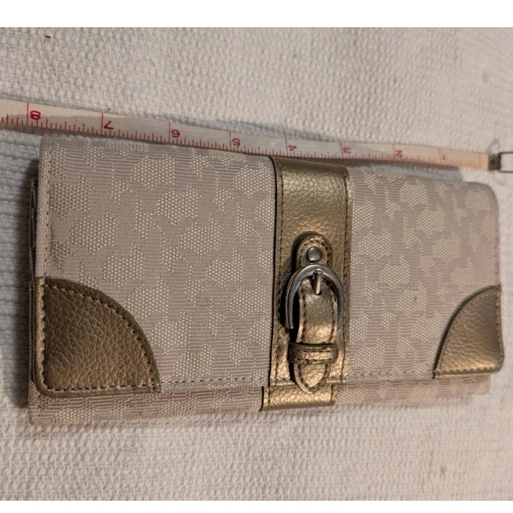 New York & Company Beige Jacquard Logo Long Wallet Gold Metallic Trim Buckle